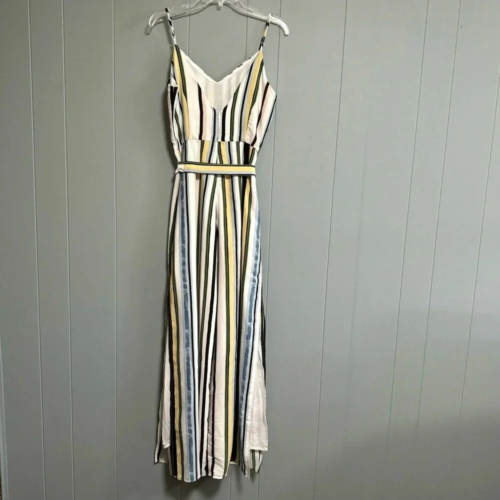 STRUT & BOLT Strappy V-neck Split Legs Multicolor Stripe Jumpsuit Size Medium - Picture 4 of 8